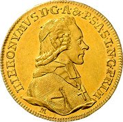 Austria Ducat Hieronymus von Colloredo 12th Jubileum (600th anniversary) ND M KM# 452 HIERONYMVS D G A&P S A S L N G PRIM M coin obverse