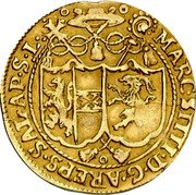 Austria Goldgulden Markus Sittich 1619 KM# 51 MARCVS SITT D G AREPS SAL AP SE L coin obverse Austria Goldgulden Markus Sittich 1619 KM# 51 MARCVS SITT D G AREPS SAL AP SE L coin obverse