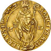 Austria Goldgulden Markus Sittich 1619 KM# 51 16 19 SANCTVS RVD BERTVS EPS SALZ coin reverse Austria Goldgulden Markus Sittich 1619 KM# 51 16 19 SANCTVS RVD BERTVS EPS SALZ coin reverse