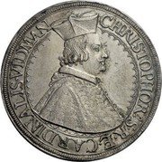 Austria Thaler Christophe Vidman St Veit 1656 KM# 3 CHRISTOPHOR 9 S R E CARDINALIS VIDMAN coin obverse Austria Thaler Christophe Vidman St Veit 1656 KM# 3 CHRISTOPHOR 9 S R E CARDINALIS VIDMAN coin obverse