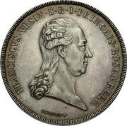 Austria Thaler Wolfgang Franz Xaver 1793 Struck 1853, Fritz Rudolf Kunker Auction 228, 3-13, unc realized approximately $14,325. KM# 1 FRANCISCVS VRSIN S R I PRINCEPS ROSENBERG coin obverse Austria Thaler Wolfgang Franz Xaver 1793 Struck 1853, Fritz Rudolf Kunker Auction 228, 3-13, unc realized approximately $14,325. KM# 1 FRANCISCVS VRSIN S R I PRINCEPS ROSENBERG coin obverse