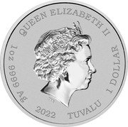 Tuvalu 1 Dollar (Bart Simpson Grimacing Face) QUEEN ELIZABETH II IRB 1 OZ 9999 AG 2022 TUVALU 1 DOLLAR coin obverse Tuvalu 1 Dollar (Bart Simpson Grimacing Face) QUEEN ELIZABETH II IRB 1 OZ 9999 AG 2022 TUVALU 1 DOLLAR coin obverse