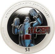 Tuvalu 1 Dollar (Elizabeth II Tetsujin 28) TETSUJIN 28 50TH ANNIVERSARY 鉄人28号 ©HIKARI PROD. $1 coin reverse