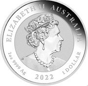 Australia 1 Dollar Phoenix 2022 P BU ELIZABETH II AUSTRALIA JC 1OZ 9999 AG 2022 1 DOLLAR coin obverse Australia 1 Dollar Phoenix 2022 P BU ELIZABETH II AUSTRALIA JC 1OZ 9999 AG 2022 1 DOLLAR coin obverse
