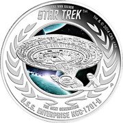 Tuvalu 1 Dollar USS Enterprise NCC1701D 2015 P Proof 1OZ 999 SILVER STAR TREK TM & © 2014 CBS. ARR. P THE NEXT GENERATION USS ENTERPRISE NCC1701D coin reverse