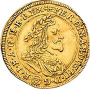 Austria 1 Ducat Ferdinand III Vienna 1657 triangle FERDINANDVS III D G R I S A G H B REX coin obverse Austria 1 Ducat Ferdinand III Vienna 1657 triangle FERDINANDVS III D G R I S A G H B REX coin obverse