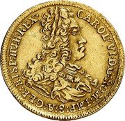 Austria 1 Ducat Karl VI Graz 1713  KM# 671 CAROL VI D G ROM IMP S A GER HISP HV B REX coin obverse Austria 1 Ducat Karl VI Graz 1713  KM# 671 CAROL VI D G ROM IMP S A GER HISP HV B REX coin obverse