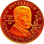 Austria 1 ECU Hugo von Hofmannsthal 1995 ND ECU ÖSTERREICH ECU WIEN 1874 RODAUN 1929 DICHTUNG IM " FIN DE SIÈCLE " HUGO VON HOFMANNSTHAL coin obverse Austria 1 ECU Hugo von Hofmannsthal 1995 ND ECU ÖSTERREICH ECU WIEN 1874 RODAUN 1929 DICHTUNG IM " FIN DE SIÈCLE " HUGO VON HOFMANNSTHAL coin obverse