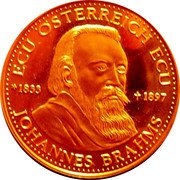 Austria 1 ECU Johannes Brahms 1995 ND (no date) ECU ÖSTERREICH ECU 1833 1897 JOHANNES BRAHMS coin obverse Austria 1 ECU Johannes Brahms 1995 ND (no date) ECU ÖSTERREICH ECU 1833 1897 JOHANNES BRAHMS coin obverse