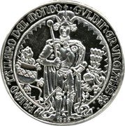 Austria 1 Guldiner First Thaler Tyrol 1986 Proof X# M34 GVLDINER VNDIALIS PREMO TALLERO DEL MONDO 1986 coin obverse Austria 1 Guldiner First Thaler Tyrol 1986 Proof X# M34 GVLDINER VNDIALIS PREMO TALLERO DEL MONDO 1986 coin obverse