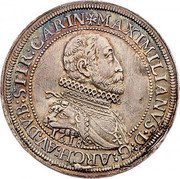 Austria 1 Thaler Maximilian III 1618  KM# 279.4 MAXIMILIANVS D G ARCH AV DV B STIR CARIN coin obverse Austria 1 Thaler Maximilian III 1618  KM# 279.4 MAXIMILIANVS D G ARCH AV DV B STIR CARIN coin obverse