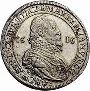 Austria 1 Thaler Maximilian III Hall 1616 co KM# 205.1a MAXIMILIANVS DG ARCH AVS DVX BVR STI CAR 16 16 CO coin obverse Austria 1 Thaler Maximilian III Hall 1616 co KM# 205.1a MAXIMILIANVS DG ARCH AVS DVX BVR STI CAR 16 16 CO coin obverse