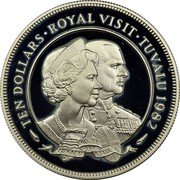 Tuvalu Ten Dollars Royal Visit Elizabeth II 1982 Proof KM# 15a TEN DOLLARS ROYAL VISIT TUVALU 1982 MO TE TUVALU ATUA coin reverse Tuvalu Ten Dollars Royal Visit Elizabeth II 1982 Proof KM# 15a TEN DOLLARS ROYAL VISIT TUVALU 1982 MO TE TUVALU ATUA coin reverse