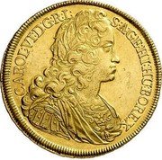 Austria 10 Ducat Karl VI Vienna 1724  CAROL : VI : D : G : R : I : - S : A : GE : HI : HU : BO REX coin obverse