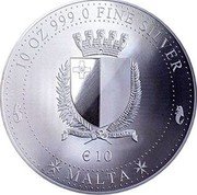 Malta 10 Euro (Melita Malta) REPUBLIKA TA' MALTA MALTA €10 10 OZ 999.0 FINE SILVER coin obverse Malta 10 Euro (Melita Malta) REPUBLIKA TA' MALTA MALTA €10 10 OZ 999.0 FINE SILVER coin obverse