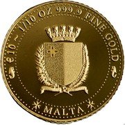 Malta 10 Euro Melita 2021 REPUBLIKA TA' MALTA MALTA €10 1/10 OZ 999.9 FINE GOLD coin obverse