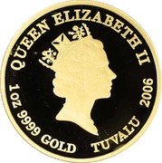 Tuvalu 100 Dollars (Elizabeth II Osamu Tezuka) QUEEN ELIZABETH II RDM 1OZ 9999 GOLD TUVALU 2006 coin obverse Tuvalu 100 Dollars (Elizabeth II Osamu Tezuka) QUEEN ELIZABETH II RDM 1OZ 9999 GOLD TUVALU 2006 coin obverse