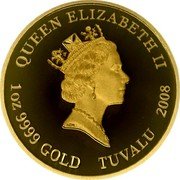 Tuvalu 100 Dollars (Elizabeth II Tezuka Osamu) QUEEN ELIZABETH II RDM 1 OZ 9999 GOLD TUVALU 2008 coin obverse Tuvalu 100 Dollars (Elizabeth II Tezuka Osamu) QUEEN ELIZABETH II RDM 1 OZ 9999 GOLD TUVALU 2008 coin obverse
