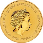 Tuvalu 100 Dollars (James Bond The Iconic Gun Logo) QUEEN ELIZABETH II IRB 1 OZ 9999 GOLD 2020 TUVALU 100 DOLLARS coin obverse Tuvalu 100 Dollars (James Bond The Iconic Gun Logo) QUEEN ELIZABETH II IRB 1 OZ 9999 GOLD 2020 TUVALU 100 DOLLARS coin obverse