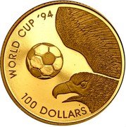 Tuvalu 100 Dollars World Cup Soccer 1994 Proof KM# 23 WORLD CUP '94 100 DOLLARS coin reverse Tuvalu 100 Dollars World Cup Soccer 1994 Proof KM# 23 WORLD CUP '94 100 DOLLARS coin reverse