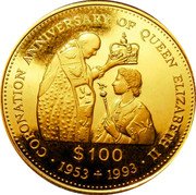 Tuvalu 100 Dollars Anniversary of Coronation 1993 Proof KM# 29 CORONATION ANNIVERSARY OF QUEEN ELIZABETH II $100 1953+1993 coin reverse Tuvalu 100 Dollars Anniversary of Coronation 1993 Proof KM# 29 CORONATION ANNIVERSARY OF QUEEN ELIZABETH II $100 1953+1993 coin reverse