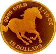 Tuvalu 15 Dollars (Elizabeth II Galloping Horse) 9999 GOLD 1/10 OZ 15 DOLLARS coin reverse Tuvalu 15 Dollars (Elizabeth II Galloping Horse) 9999 GOLD 1/10 OZ 15 DOLLARS coin reverse