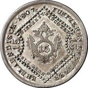 Austria 15 Kreuzer (Franz I Pattern) FUNFZEHEN KREUTZER ERBLAENDISCH 1807 WIENER ST BANCO ZET THEILUNG MUNZ Z 15 15 15 15 coin reverse