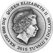 Tuvalu 2 Dollars (Athena) KM# 365 QUEEN ELIZABETH II 2 OZ 999 SILVER 2015 TUVALU 2 DOLLARS coin obverse