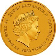 Tuvalu 2 Dollars (Elizabeth II James Bond) QUEEN ELIZABETH II IRB 0.5 GRAM 9999 AU 2020 TUVALU 2 DOLLARS coin obverse Tuvalu 2 Dollars (Elizabeth II James Bond) QUEEN ELIZABETH II IRB 0.5 GRAM 9999 AU 2020 TUVALU 2 DOLLARS coin obverse