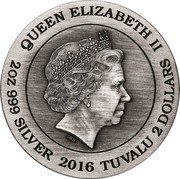 Tuvalu 2 Dollars Norse Gods Thor 2016 Proof KM# 282 QUEEN ELIZABETH II IRB 2 OZ 999 SILVER 2016 TUVALU 2 DOLLARS coin obverse Tuvalu 2 Dollars Norse Gods Thor 2016 Proof KM# 282 QUEEN ELIZABETH II IRB 2 OZ 999 SILVER 2016 TUVALU 2 DOLLARS coin obverse