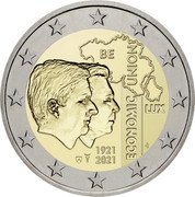 Luxembourg 2 Euro Hundredth Anniversary of Belgium Luxemburg Economic Union 2021 BU ECONOMIC UNION 1921 2021 BE LUX LL coin obverse Luxembourg 2 Euro Hundredth Anniversary of Belgium Luxemburg Economic Union 2021 BU ECONOMIC UNION 1921 2021 BE LUX LL coin obverse