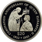 Tuvalu 20 Dollars Coronation Anniversary 1993 Proof KM# 16 CORONATION ANNIVERSARY OF QUEEN ELIZABETH II $20 1953+1993 coin reverse Tuvalu 20 Dollars Coronation Anniversary 1993 Proof KM# 16 CORONATION ANNIVERSARY OF QUEEN ELIZABETH II $20 1953+1993 coin reverse
