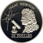 Tuvalu 20 Dollars Sir Isaac Newton 1993 Proof KM# 17 ISAAC NEWTON 20 DOLLARS coin reverse Tuvalu 20 Dollars Sir Isaac Newton 1993 Proof KM# 17 ISAAC NEWTON 20 DOLLARS coin reverse