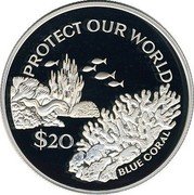 Tuvalu 20 Dollars Blue Coral 1994 Proof KM# 27 PROTECT OUR WORLD $20 BLUE CORAL coin reverse Tuvalu 20 Dollars Blue Coral 1994 Proof KM# 27 PROTECT OUR WORLD $20 BLUE CORAL coin reverse