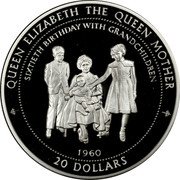 Tuvalu 20 Dollars Birthday of Queen Elizabeth II 1996 Proof KM# 39 QUEEN ELIZABETH THE QUEEN MOTHER SIXTIETH BIRTHDAY WITH GRANDCHILDREN 1960 20 DOLLARS coin reverse Tuvalu 20 Dollars Birthday of Queen Elizabeth II 1996 Proof KM# 39 QUEEN ELIZABETH THE QUEEN MOTHER SIXTIETH BIRTHDAY WITH GRANDCHILDREN 1960 20 DOLLARS coin reverse