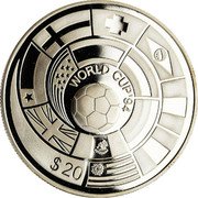 Tuvalu 20 Dollars Flags World Cup Soccer 1994 Proof KM# 22 WORLD CUP'94 $ 20 coin reverse Tuvalu 20 Dollars Flags World Cup Soccer 1994 Proof KM# 22 WORLD CUP'94 $ 20 coin reverse