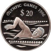 Tuvalu 20 Dollars Swimming Olympic Games 1994 Proof KM# 24 OLYMPIC GAMES 1996 $20 coin reverse Tuvalu 20 Dollars Swimming Olympic Games 1994 Proof KM# 24 OLYMPIC GAMES 1996 $20 coin reverse