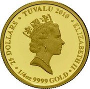 Tuvalu 25 Dollars (Elizabeth II Yuna Kim) 25 DOLLARS TUVALU 2010 ELIZABETH II RDM 1/4 OZ 9999 GOLD coin obverse Tuvalu 25 Dollars (Elizabeth II Yuna Kim) 25 DOLLARS TUVALU 2010 ELIZABETH II RDM 1/4 OZ 9999 GOLD coin obverse