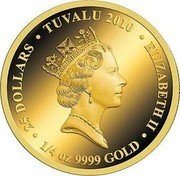 Tuvalu 25 Dollars Ned Kelly Helmet 2010 P Proof KM# 132 25 DOLLARS TUVALU 2010 ELIZABETH II RDM 1/4 OZ 9999 GOLD coin obverse Tuvalu 25 Dollars Ned Kelly Helmet 2010 P Proof KM# 132 25 DOLLARS TUVALU 2010 ELIZABETH II RDM 1/4 OZ 9999 GOLD coin obverse