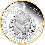 Australia 3 Dollars 15th Anniversary Koala Partially gilded 2022 ELIZABETH II AUSTRALIA 3 DOLLARS 2007 2022 SB JC coin obverse