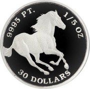 Tuvalu 30 Dollars Galloping Horse Elizabeth II 2008 Proof KM# 167 9995 PT 1/5 OZ 30 DOLLARS coin reverse Tuvalu 30 Dollars Galloping Horse Elizabeth II 2008 Proof KM# 167 9995 PT 1/5 OZ 30 DOLLARS coin reverse