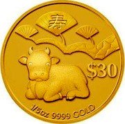 Tuvalu 30 Dollars Longevity Year of the Ox 2009 KM# 155 寿 $30 1/5 OZ 9999 GOLD coin reverse Tuvalu 30 Dollars Longevity Year of the Ox 2009 KM# 155 寿 $30 1/5 OZ 9999 GOLD coin reverse
