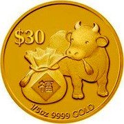 Tuvalu 30 Dollars Prosperity Year of the Ox 2009 KM# 157 $30 福 1/5 OZ 9999 GOLD coin reverse Tuvalu 30 Dollars Prosperity Year of the Ox 2009 KM# 157 $30 福 1/5 OZ 9999 GOLD coin reverse