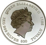 Tuvalu 30 Dollars (Elizabeth II Nakadai Hachiyoin) QUEEN ELIZABETH II IRB 1KG 999 SILVER $30 TUVALU 2011 coin obverse Tuvalu 30 Dollars (Elizabeth II Nakadai Hachiyoin) QUEEN ELIZABETH II IRB 1KG 999 SILVER $30 TUVALU 2011 coin obverse