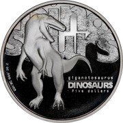 Tuvalu Five Dollars Giganotosaurus 2002 Proof KM# 49 DINOSAURS GIGANOTOSAURUS DINOSAURS FIVE DOLLARS 2 OZ 999 SILVER coin reverse Tuvalu Five Dollars Giganotosaurus 2002 Proof KM# 49 DINOSAURS GIGANOTOSAURUS DINOSAURS FIVE DOLLARS 2 OZ 999 SILVER coin reverse