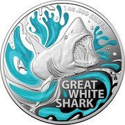 Australia 5 Dollars Great White Shark 2022  Proof Coloured 1 OZ.999 SILVER GREAT WHITE SHARK coin reverse Australia 5 Dollars Great White Shark 2022  Proof Coloured 1 OZ.999 SILVER GREAT WHITE SHARK coin reverse