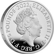 UK 5 Pounds The Queen's Reign Honours and Investitures 2022 ELIZABETH II D G REG F D 5 POUNDS 2022 coin obverse UK 5 Pounds The Queen's Reign Honours and Investitures 2022 ELIZABETH II D G REG F D 5 POUNDS 2022 coin obverse