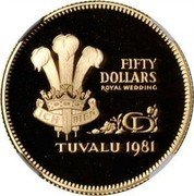 Tuvalu Fifty Dollars Wedding of Prince Charles and Lady Diana 1981 Proof KM# 14 FIFTY DOLLARS ROYAL WEDDING ICH DIEN CD TUVALU 1981 coin reverse Tuvalu Fifty Dollars Wedding of Prince Charles and Lady Diana 1981 Proof KM# 14 FIFTY DOLLARS ROYAL WEDDING ICH DIEN CD TUVALU 1981 coin reverse