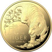 Australia 500 Dollars Year of The Tiger 2022 虎 YEAR OF THE TIGER 5 OZ 9999 AU coin reverse