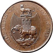 UK Half Penny (Coventry Kempson's Warwickshire) THE ARMS OF COVENTRY P. KEMPSON FECIT. 17 97 coin reverse